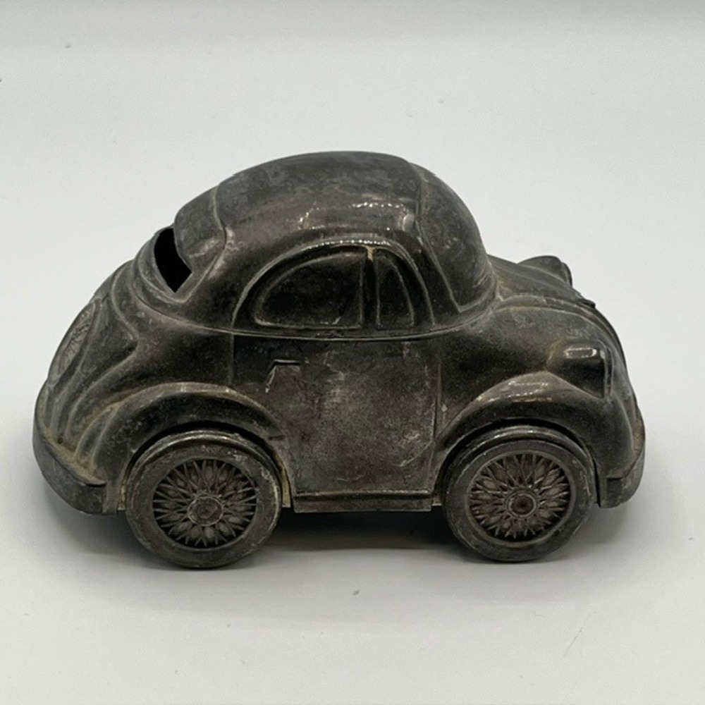 Vintage Silver Metal Volkswagen Beetle Bug Coin Piggy Bank Collectible Car